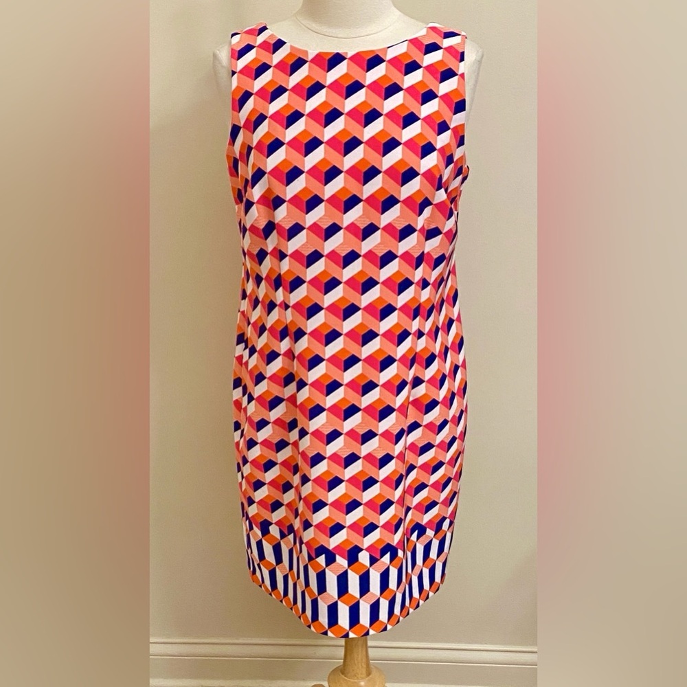 Amanda Lane Orange Navy White Geometric Sleeveless Shift Dress Size 14P